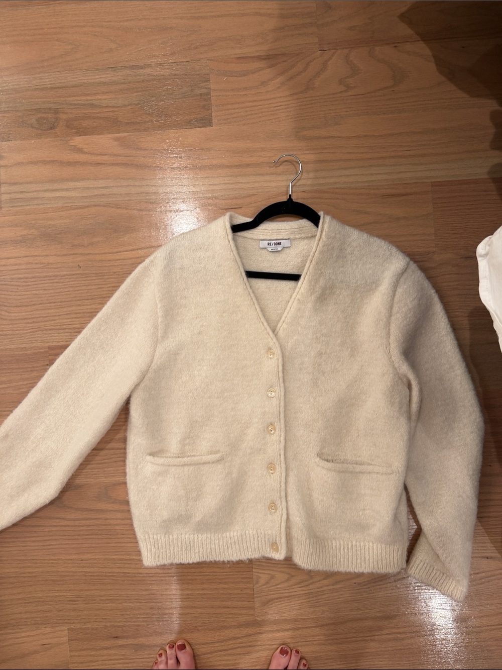 Re/Done Cream V-Neck Button Cardigan